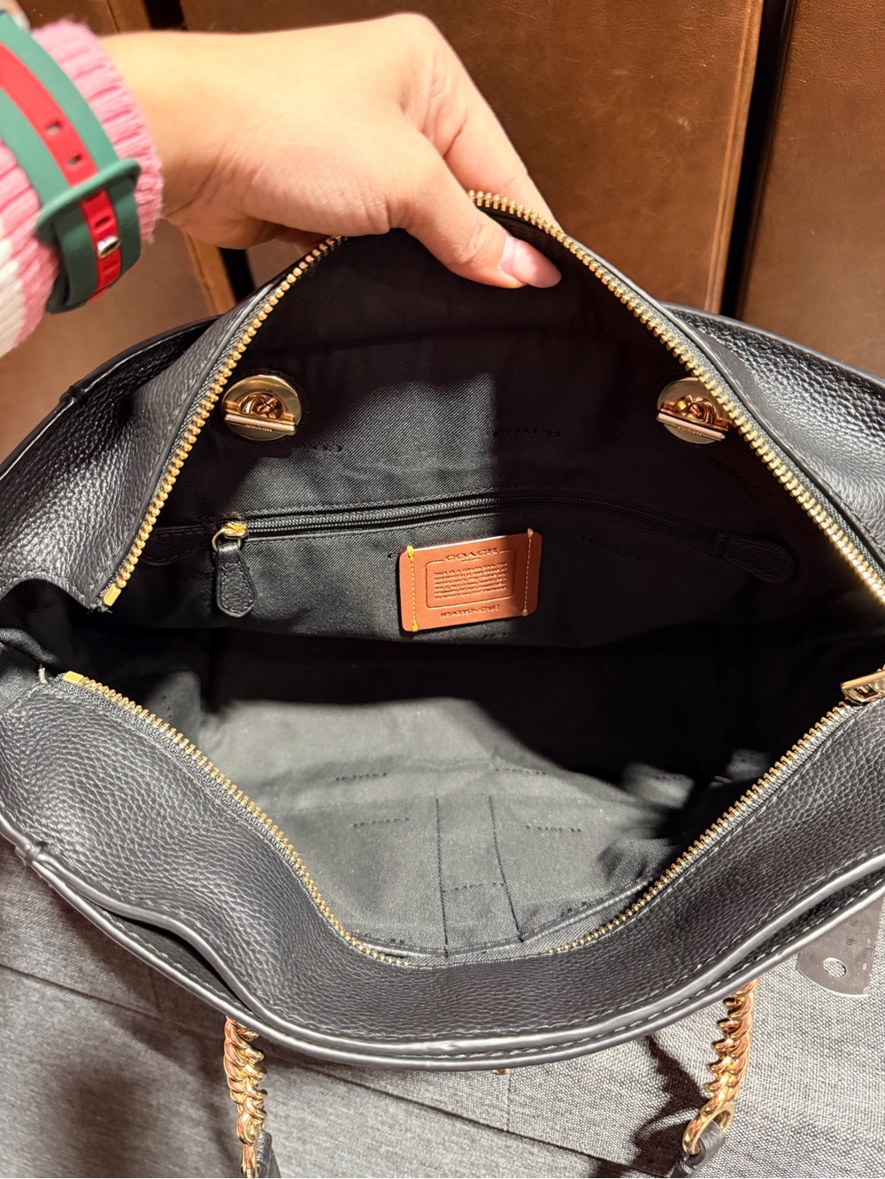 Coach Black Leather Tote with Gold Chain Details - Picture 12 of 13
